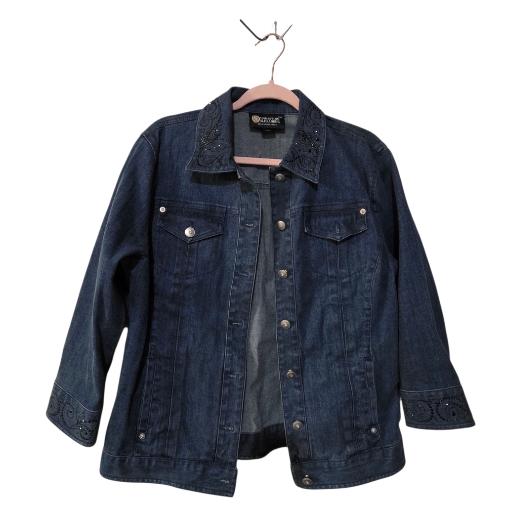 Christine Alexander Dark Blue Jean Jacket with Embelished Crystal Accents Size S